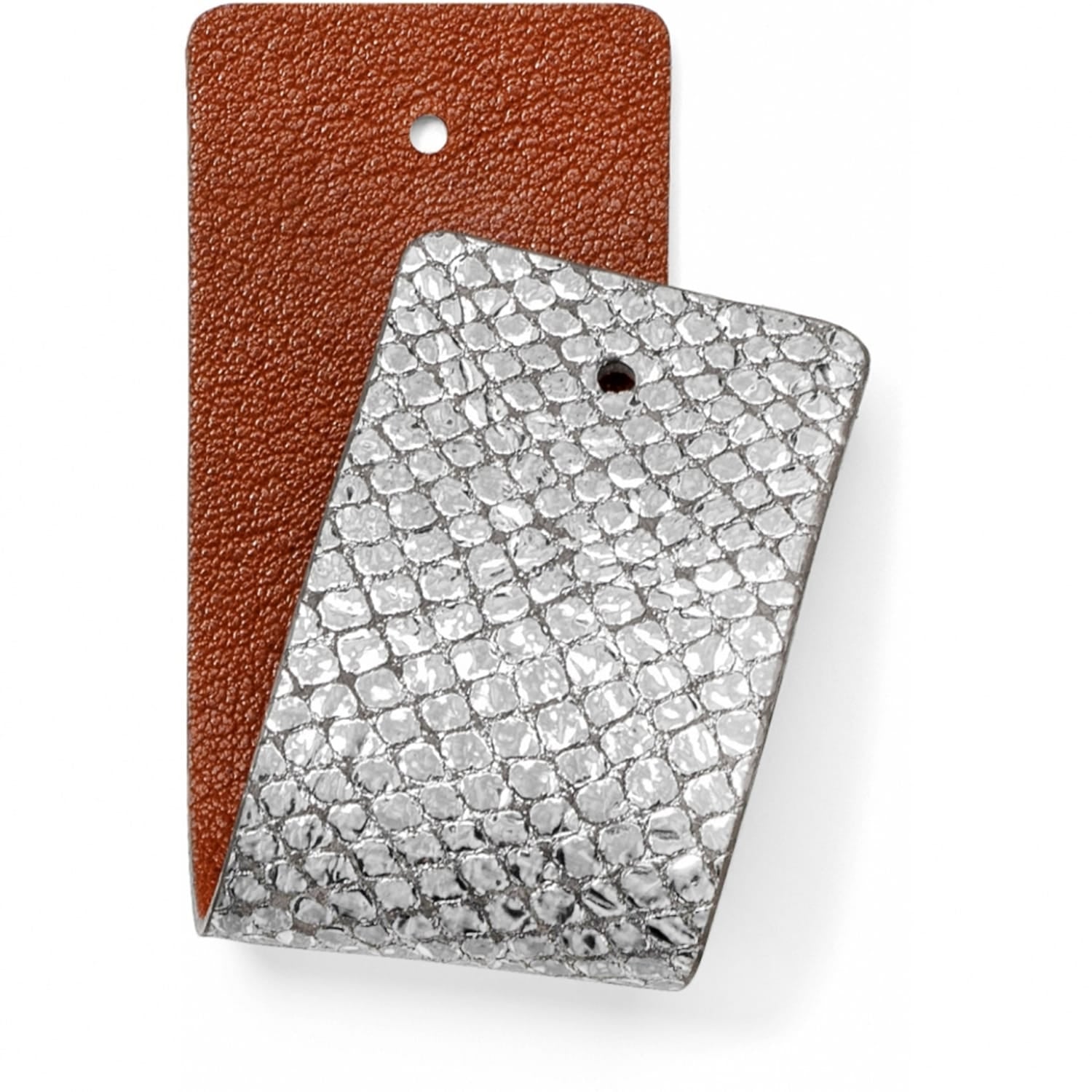 Brighton interchangeable leather straps in brown pebbled leather and silver snake-print finish on a white background