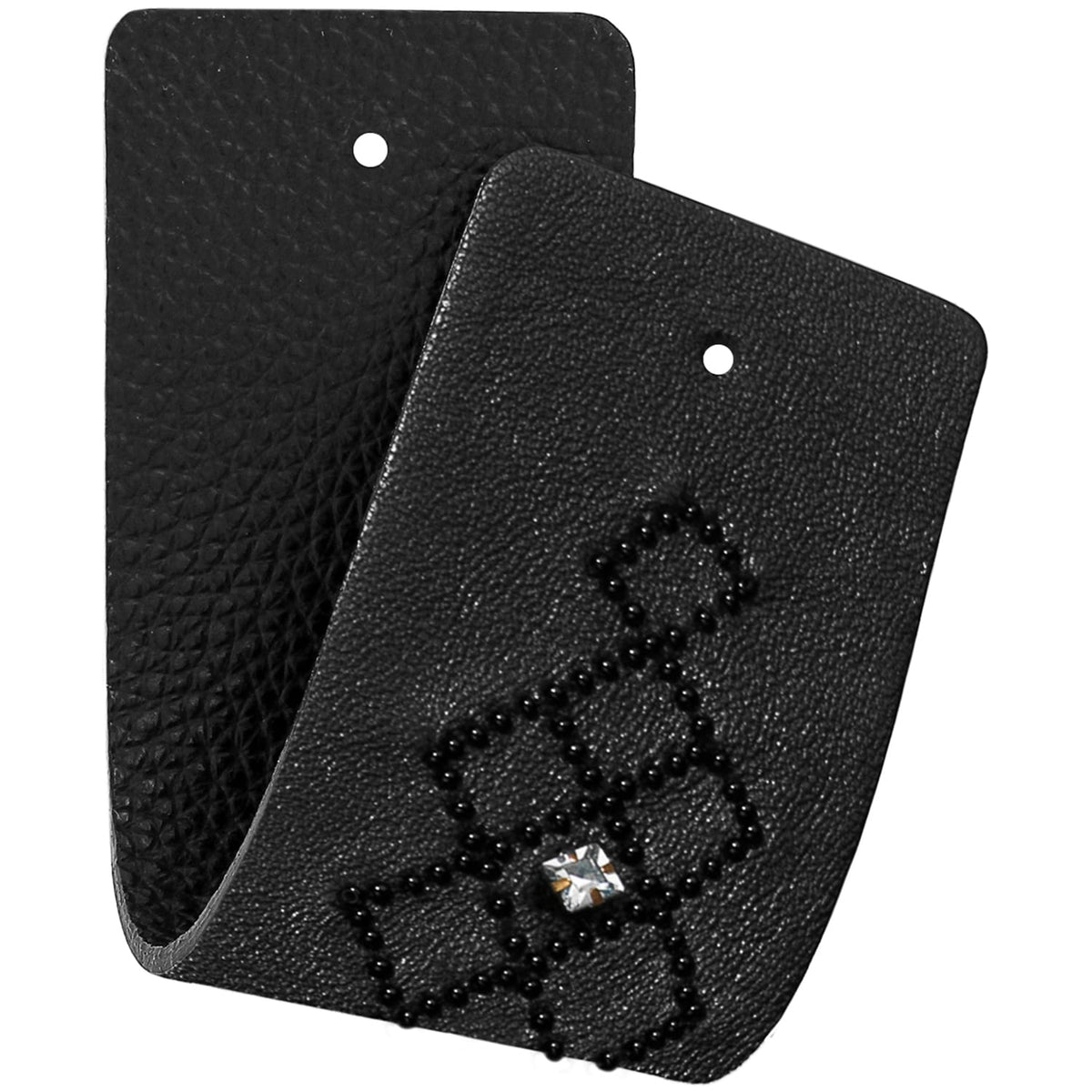Brighton black leather card holders with pebbled texture, beaded floral motif, and crystal accent on a white background