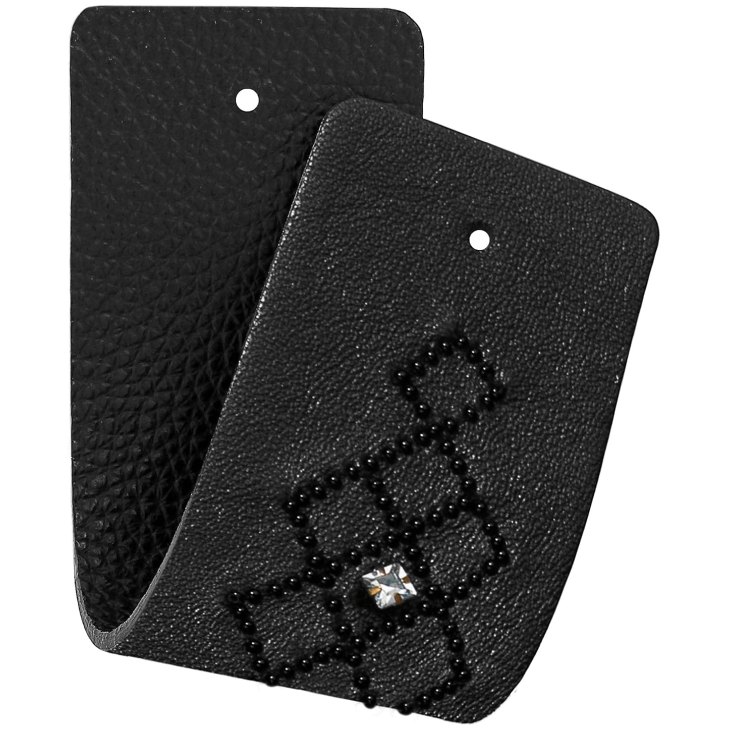 Brighton black leather card holders with pebbled texture, beaded floral motif, and crystal accent on a white background