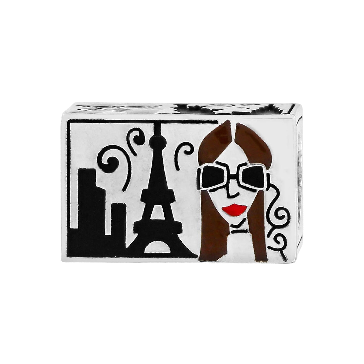 Brighton silver-plated charm bead with enameled Eiffel Tower cityscape and woman in sunglasses design on a white background