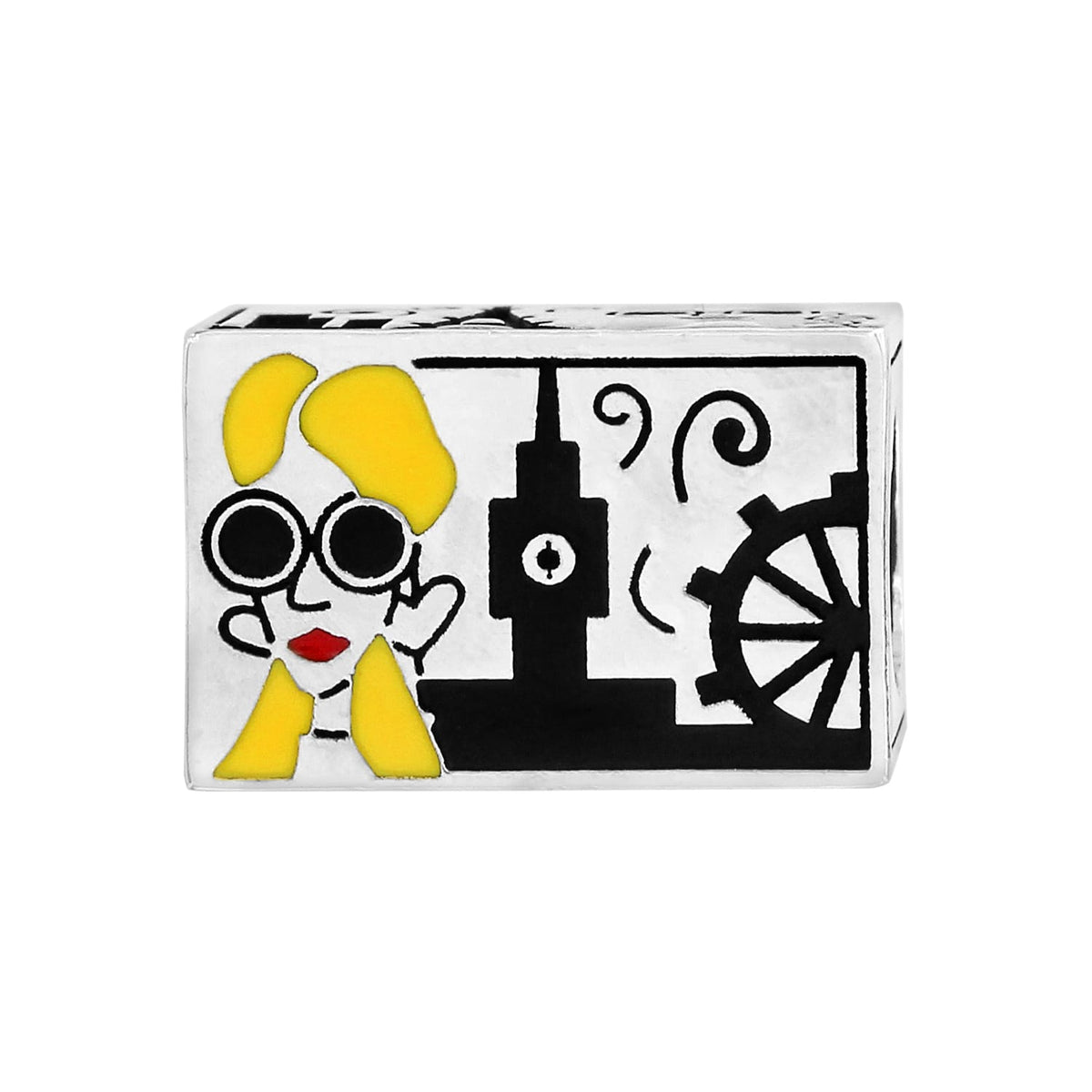 Brighton silver-plated charm with illustrated London scene featuring blonde woman, clock tower, and Ferris wheel on white background