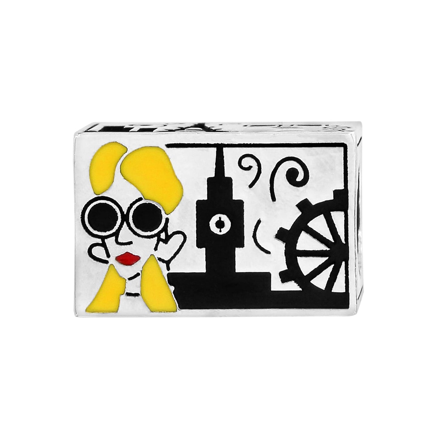 Brighton silver-plated charm with illustrated London scene featuring blonde woman, clock tower, and Ferris wheel on white background