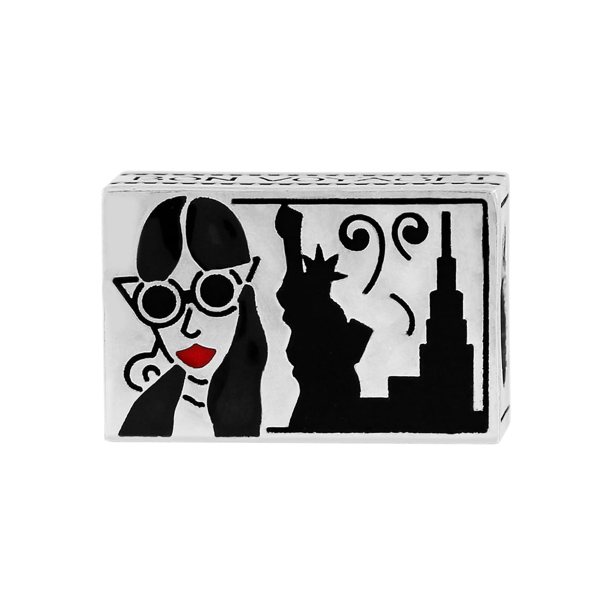 Brighton silver-plated bead with illustrated New York scene featuring a woman and city skyline on a white background
