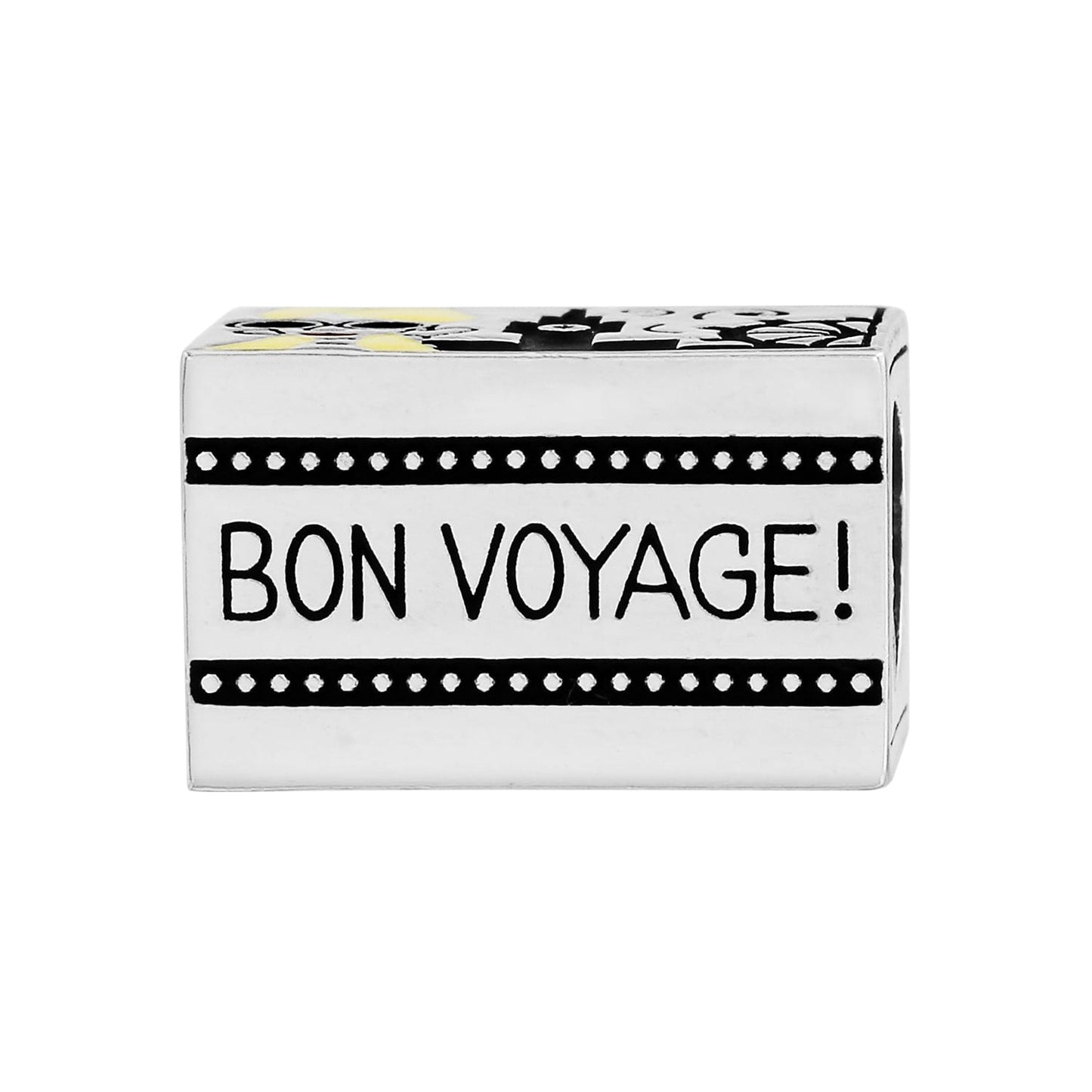 Brighton silver-plated rectangular charm with Bon Voyage text and black dotted border details on a white background