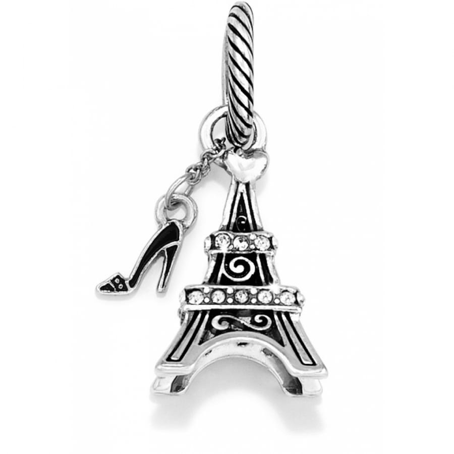 Brighton Eiffel Tower charm with silver-plated finish, crystal accents, and dangling high heel shoe on a white background