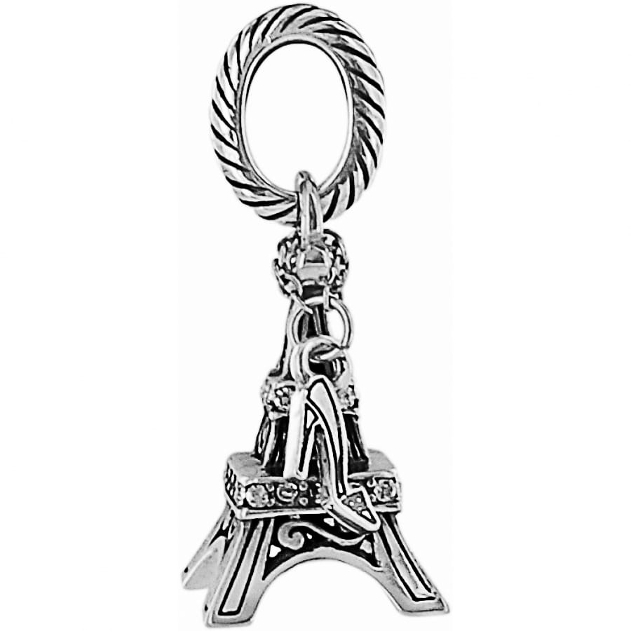 Brighton Eiffel Tower charm with stiletto heel accent and silver-plated rope-textured bail on a white background