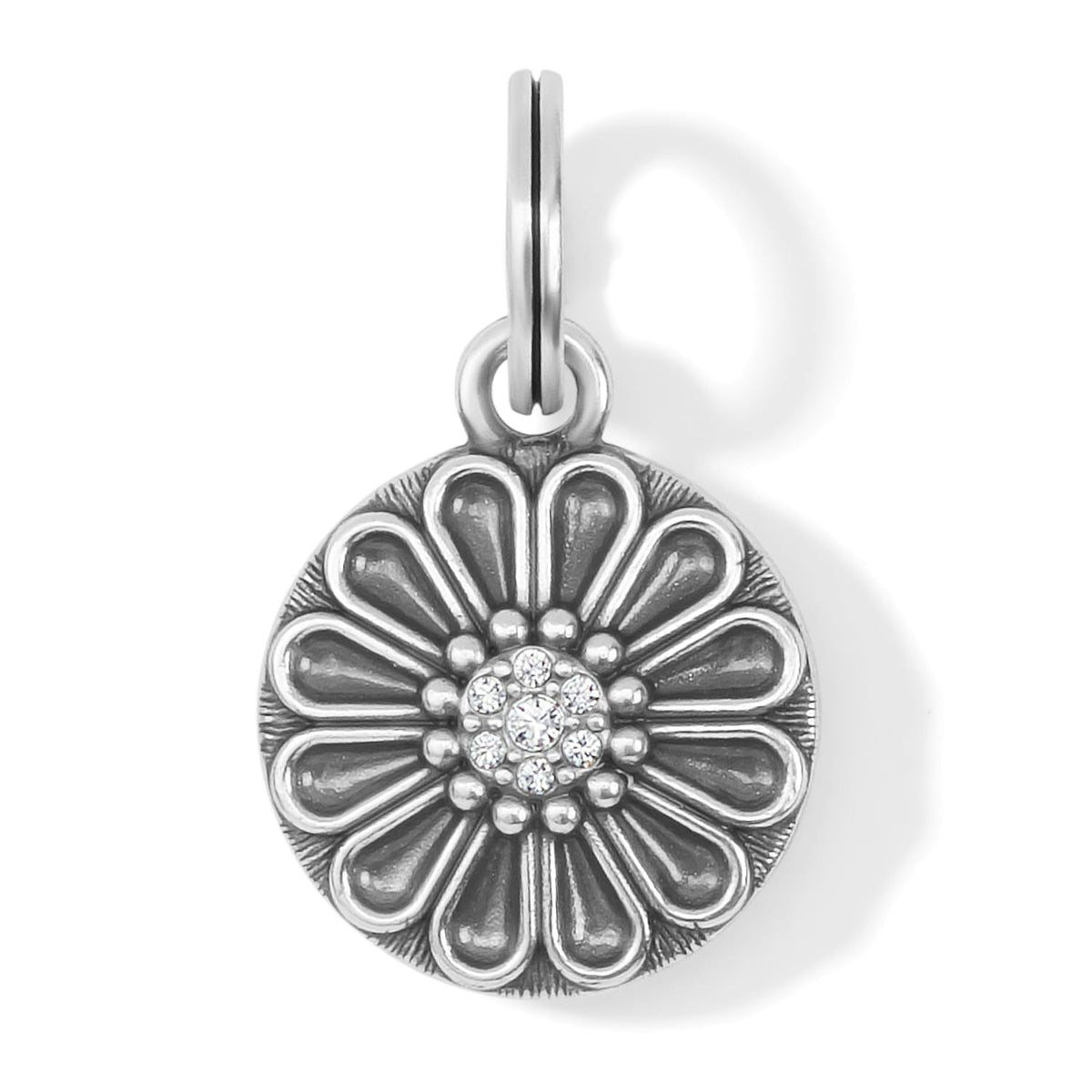 Brighton flower charm with silver-plated petals and crystal center accents on a white background