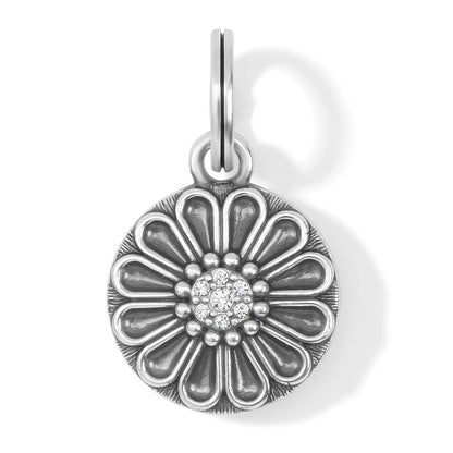 Brighton flower charm with silver-plated petals and crystal center accents on a white background