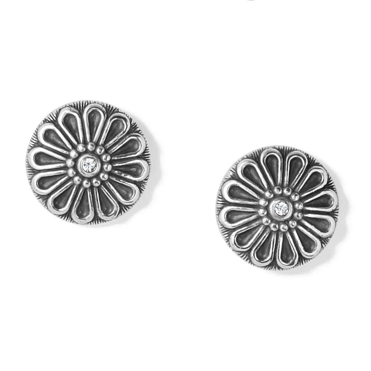 Brighton stud earrings with silver-plated floral medallion design and crystal center accents on a white background