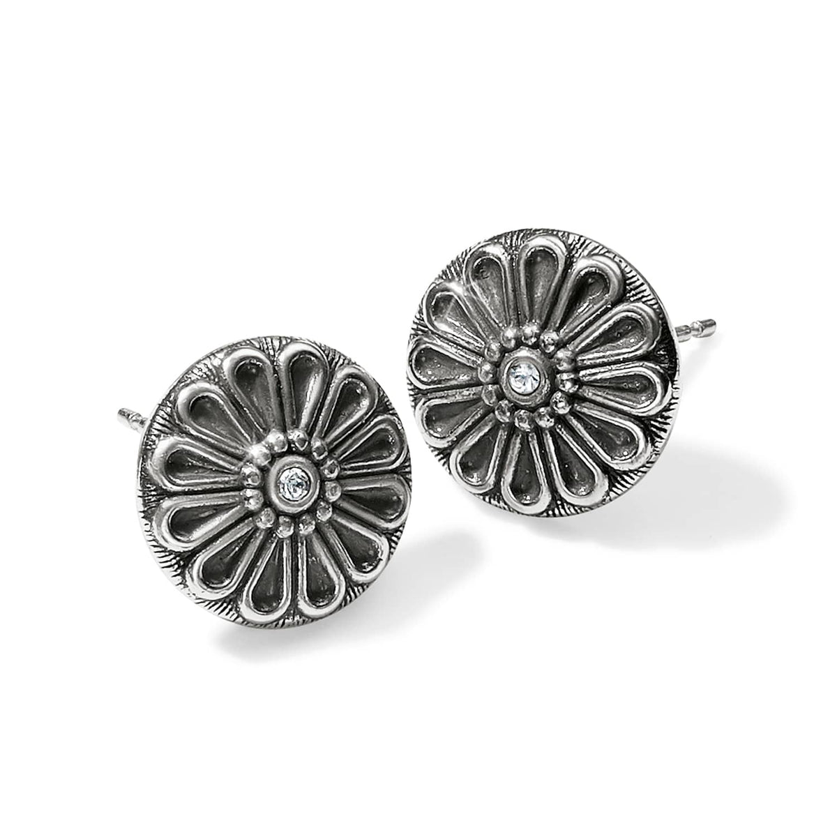 Brighton silver-plated stud earrings with round floral medallion design and center crystal accents on a white background