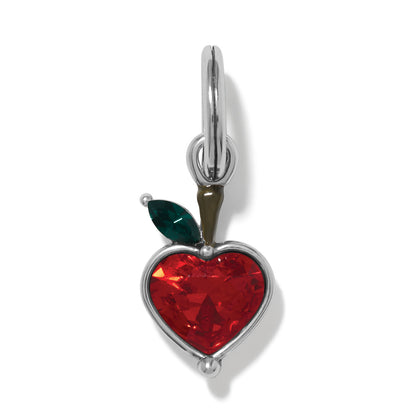 Brighton apple charm with red crystal heart, green crystal leaf, and silver-plated finish on a white background