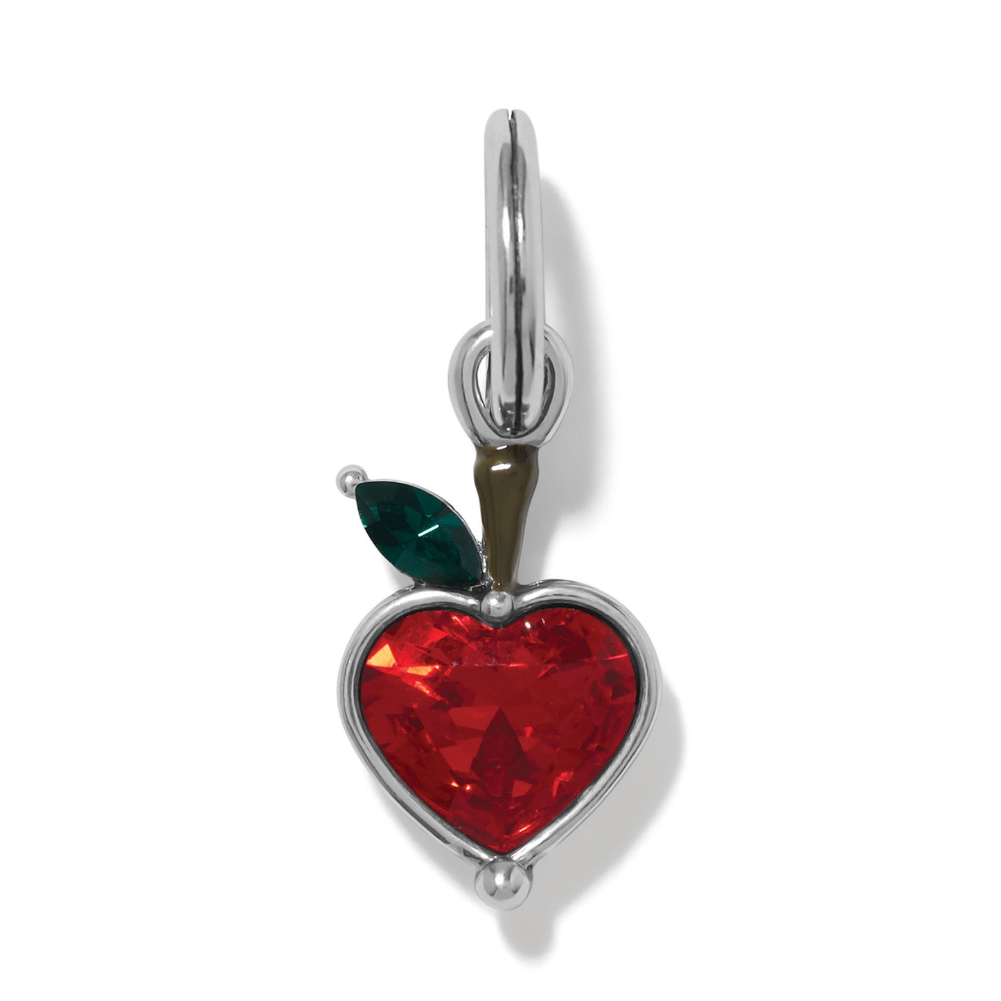 Brighton apple charm with red crystal heart, green crystal leaf, and silver-plated finish on a white background
