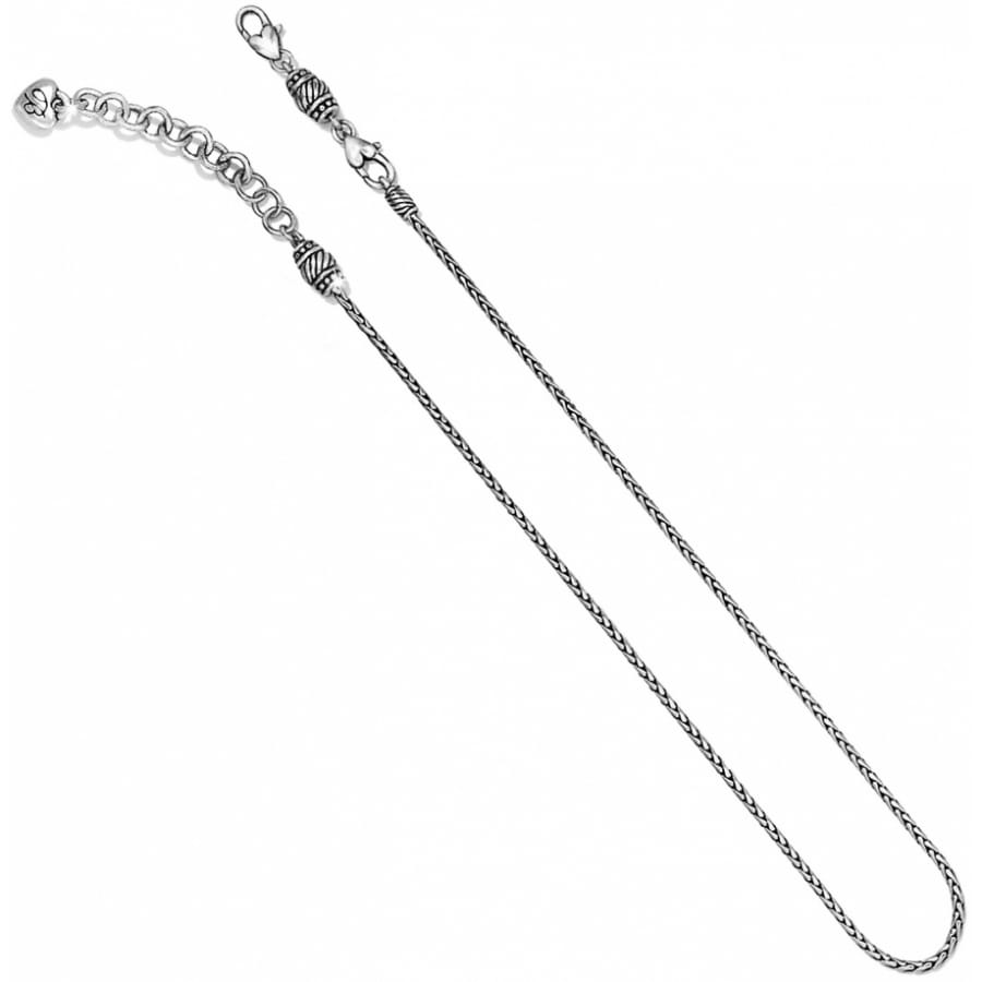 Brighton silver-plated chain necklace with decorative beaded stations, lobster clasp, and heart charm on a white background