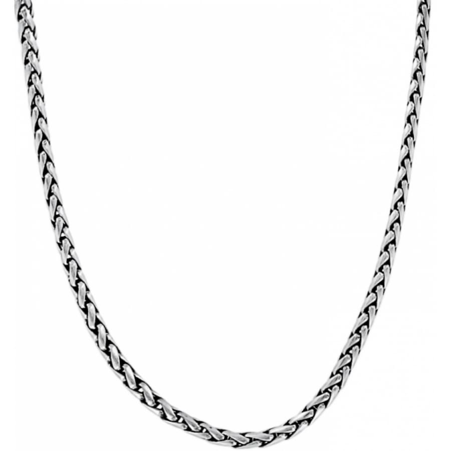 Brighton necklace with silver-plated woven wheat chain link design on a white background