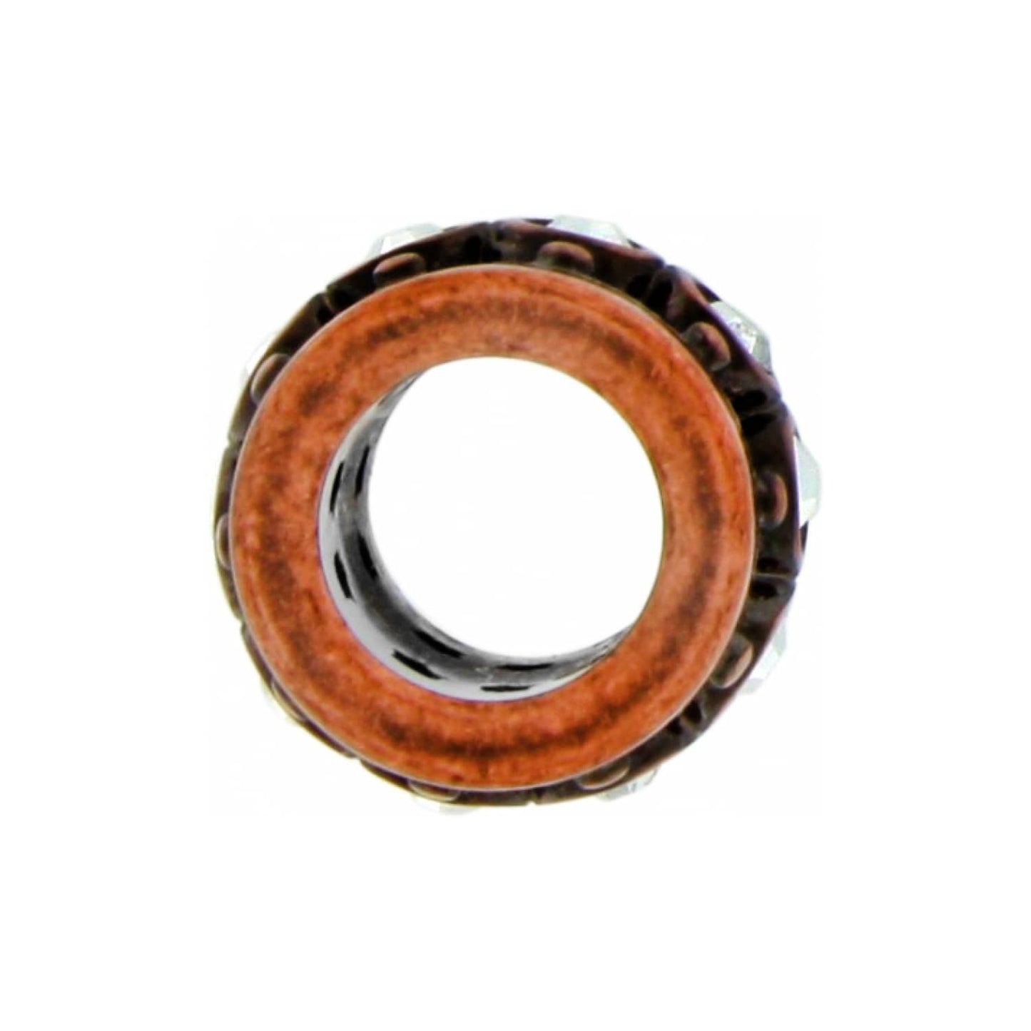 Brighton spacer charm bead with orange enamel center, dark metal detailing, and crystal accents on a white background