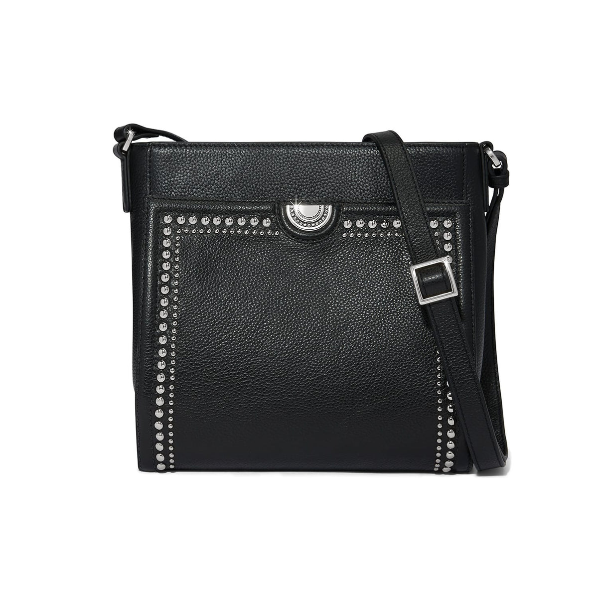 Brighton crossbody handbag in black pebbled leather with silver-tone studded trim and adjustable strap on a white background