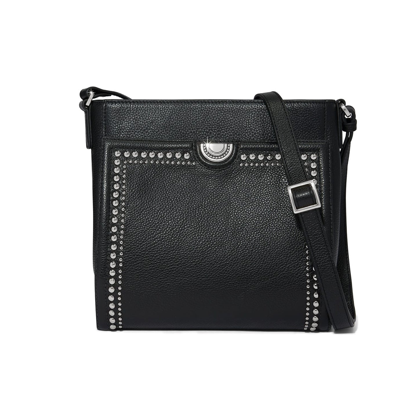 Brighton crossbody handbag in black pebbled leather with silver-tone studded trim and adjustable strap on a white background