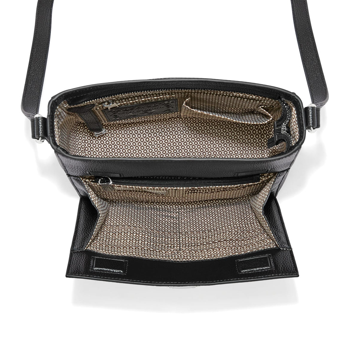 Brighton black handbag interior view with patterned fabric lining, zip pocket, and adjustable shoulder strap on a white background