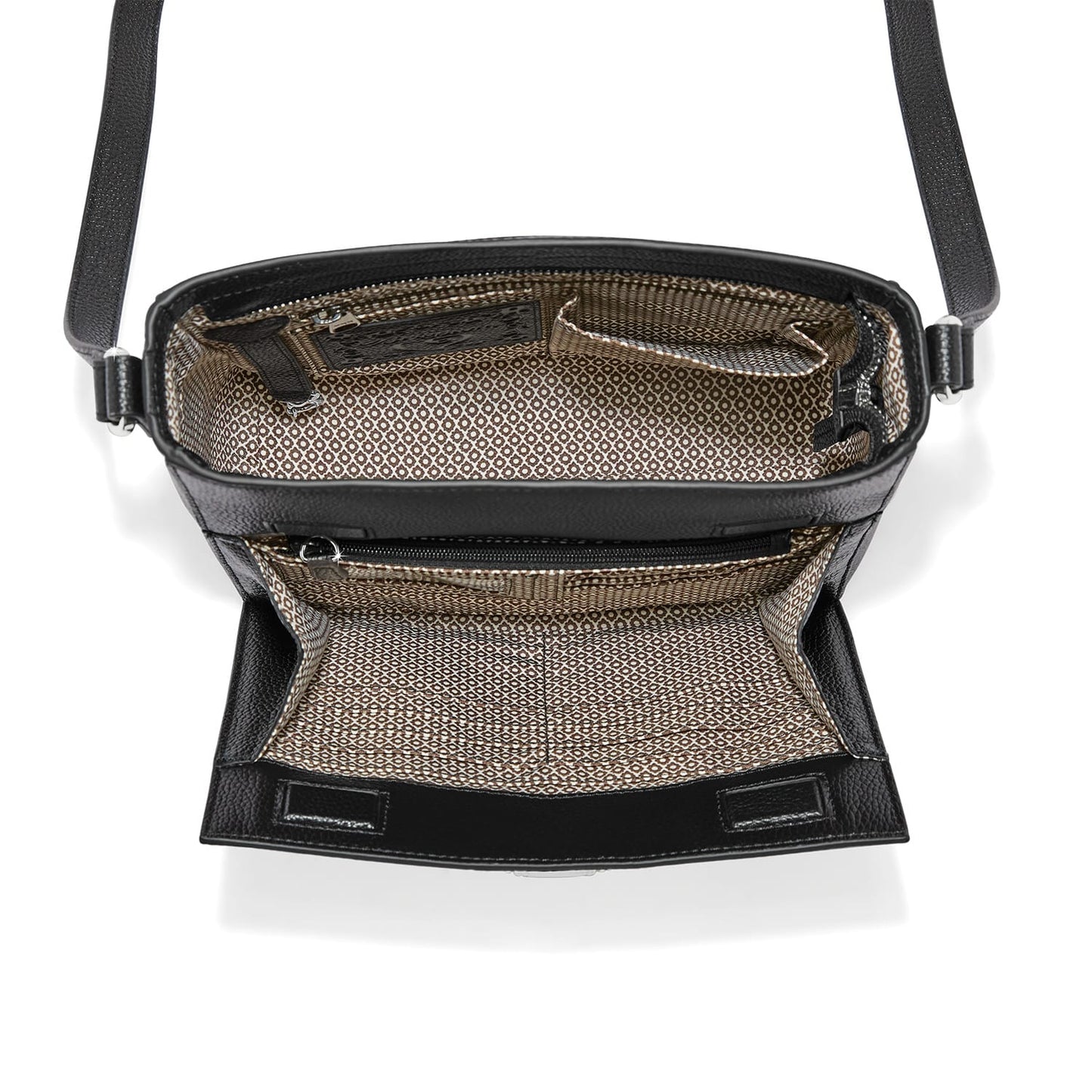 Brighton black handbag interior view with patterned fabric lining, zip pocket, and adjustable shoulder strap on a white background