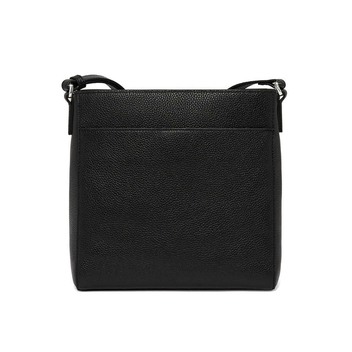 Brighton crossbody handbag shown from the back in black pebbled leather with adjustable strap on a white background