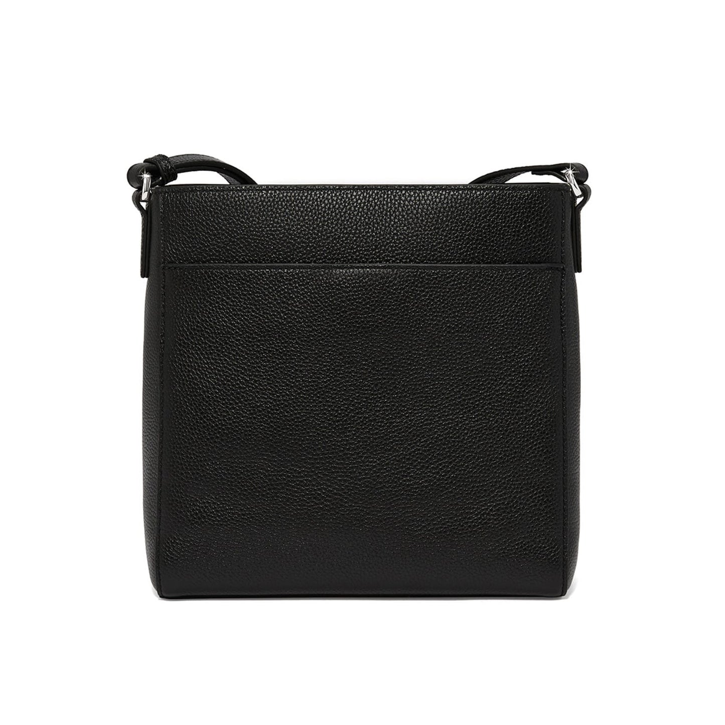 Brighton crossbody handbag shown from the back in black pebbled leather with adjustable strap on a white background