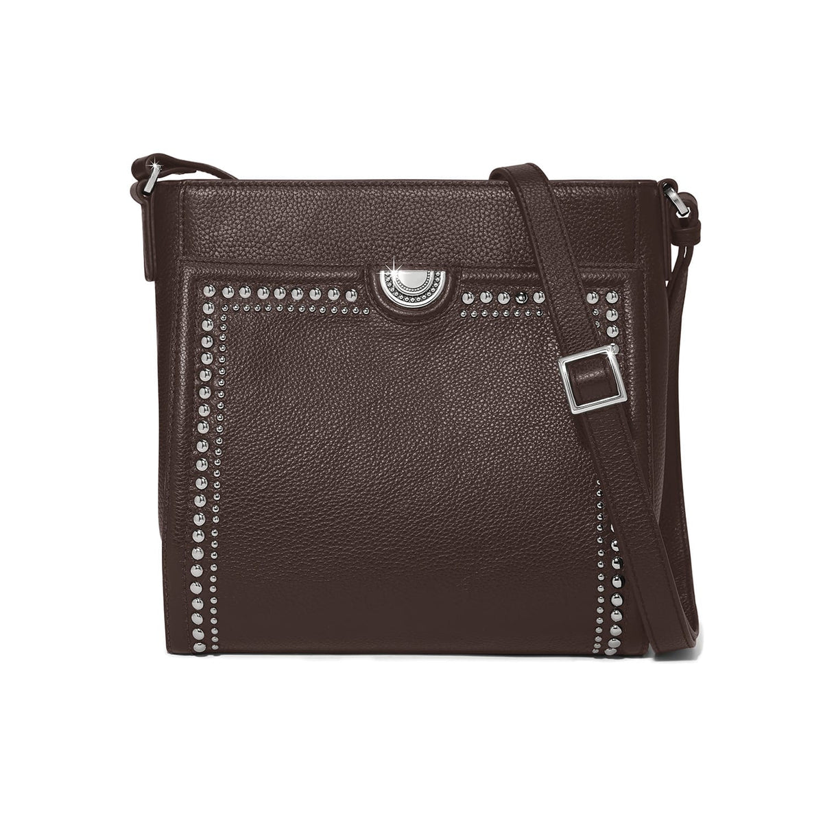 Brighton crossbody handbag in dark brown leather with silver-tone studded trim and adjustable strap on a white background