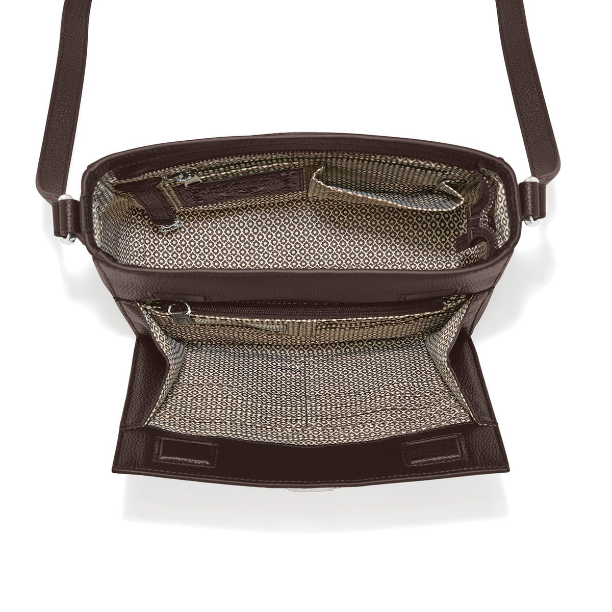 Brighton brown handbag interior view showing patterned fabric lining, zip pocket, and adjustable strap on a white background