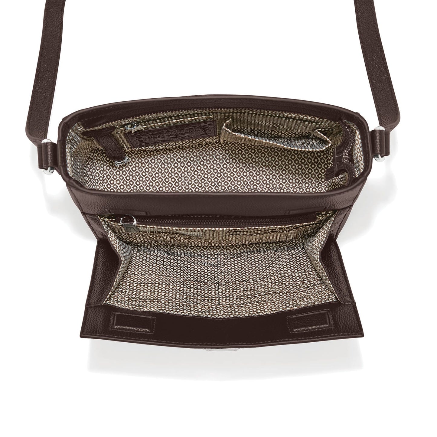 Brighton brown handbag interior view showing patterned fabric lining, zip pocket, and adjustable strap on a white background