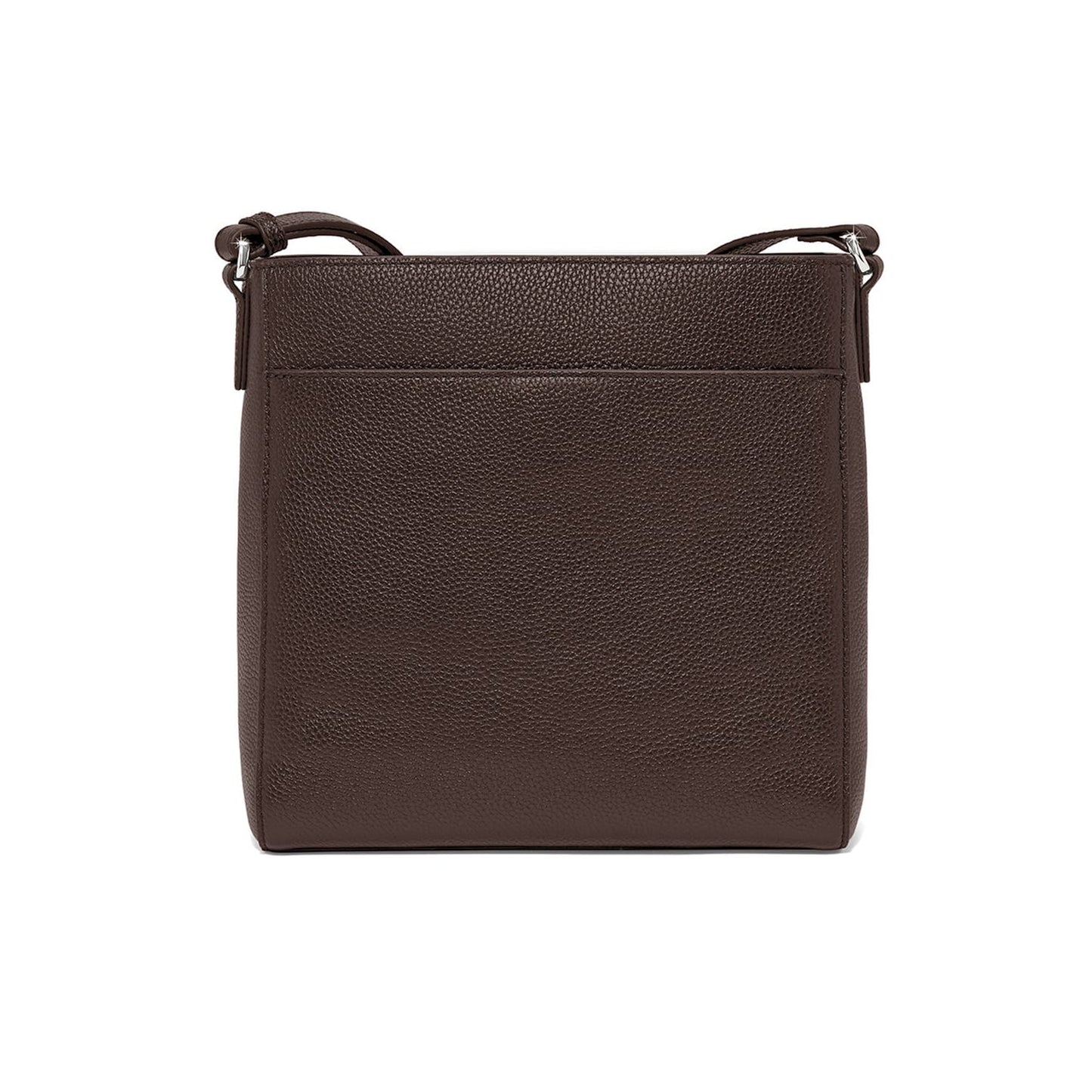 Brighton crossbody handbag in brown pebbled leather shown from the back with adjustable strap on a white background