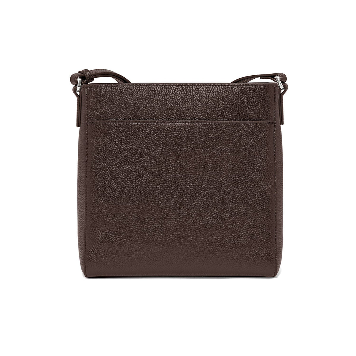 Brighton crossbody handbag shown from the back in dark brown pebbled leather with adjustable strap on a white background