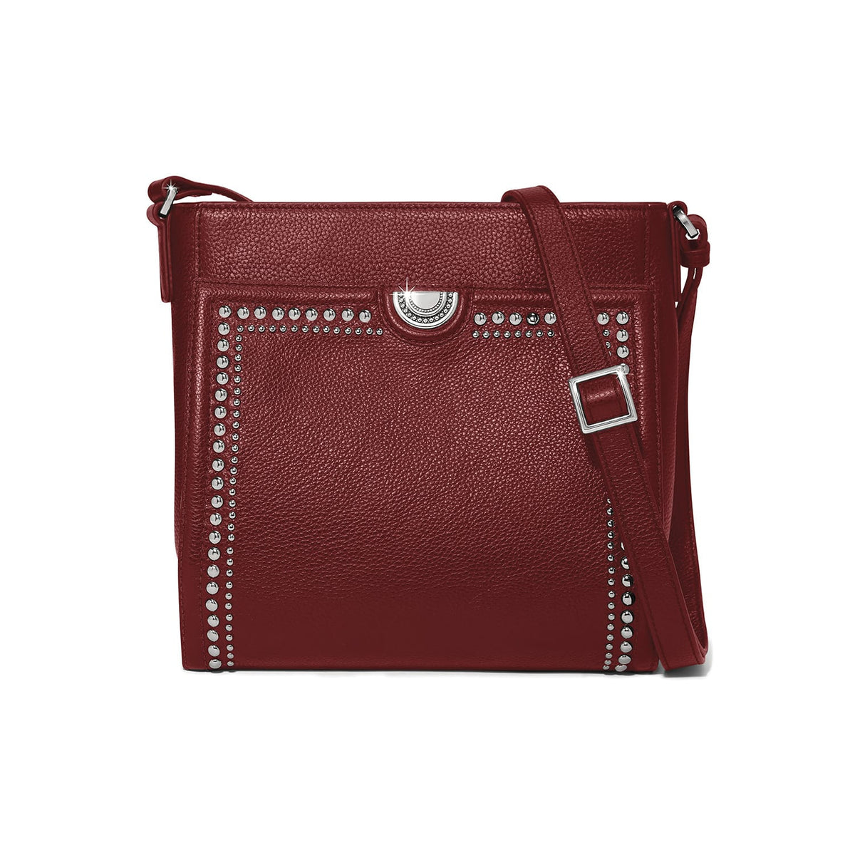 Brighton crossbody handbag in dark red leather with silver-tone studded trim and adjustable strap on a white background