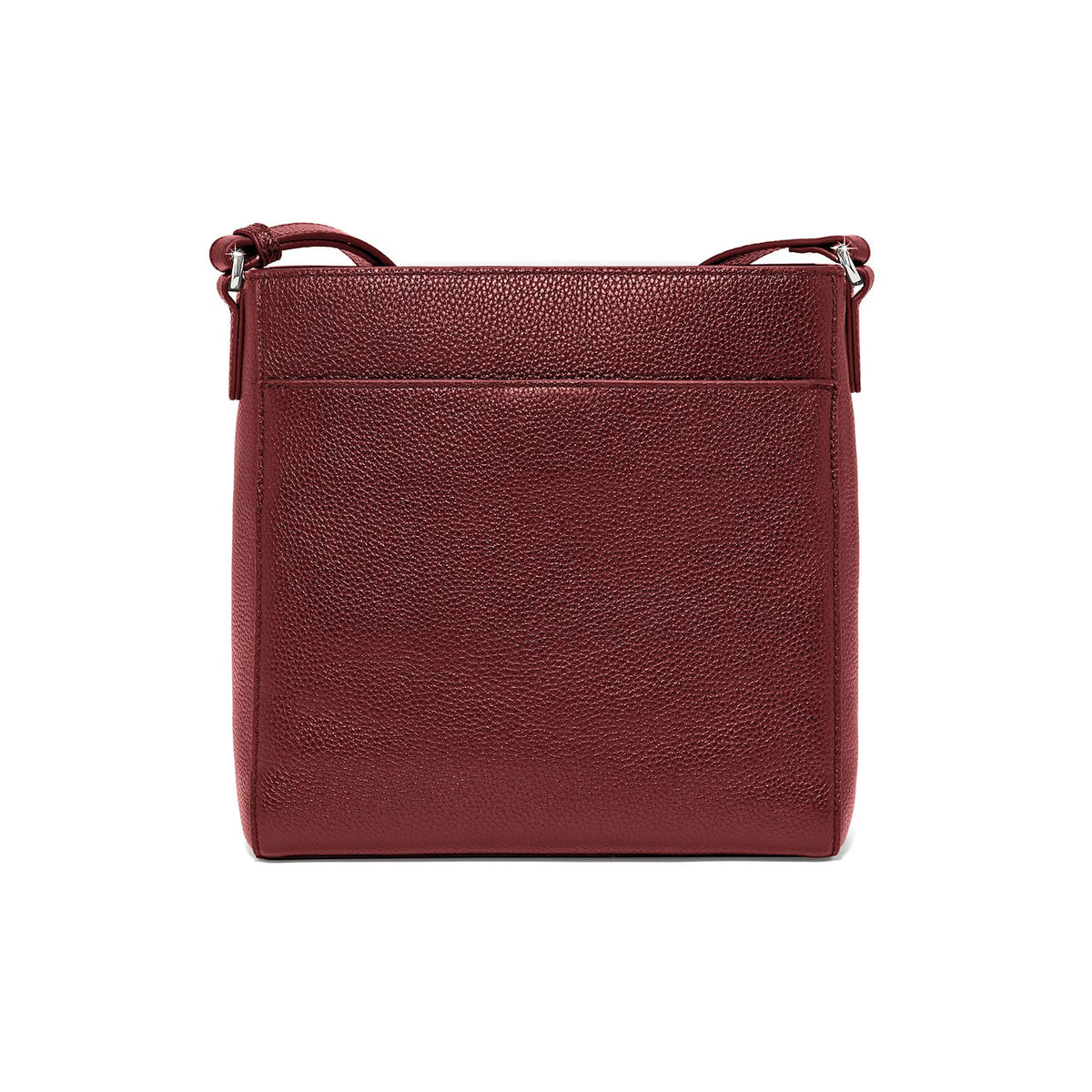 Brighton crossbody handbag in burgundy pebbled leather shown from the back with adjustable strap on a white background