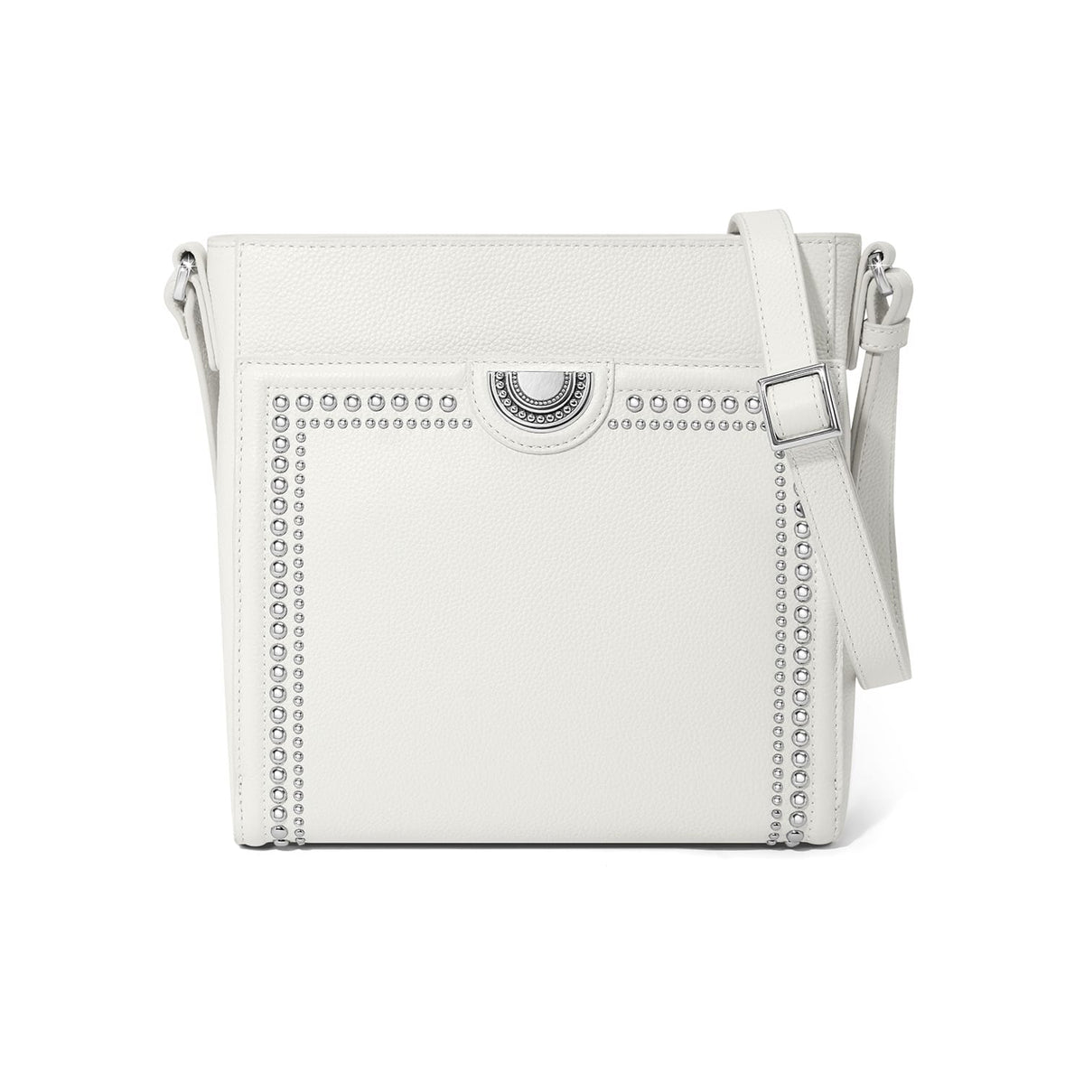 Brighton crossbody handbag in white pebbled leather with silver-tone studded trim and adjustable strap on a white background