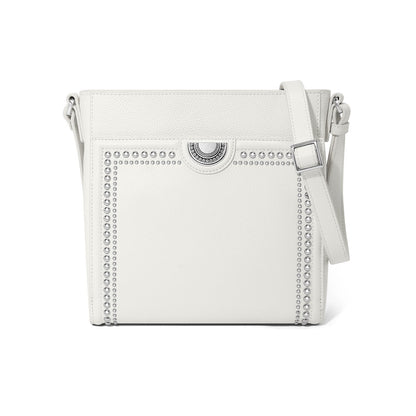 Brighton crossbody handbag in white pebbled leather with silver-tone studded trim and adjustable strap on a white background