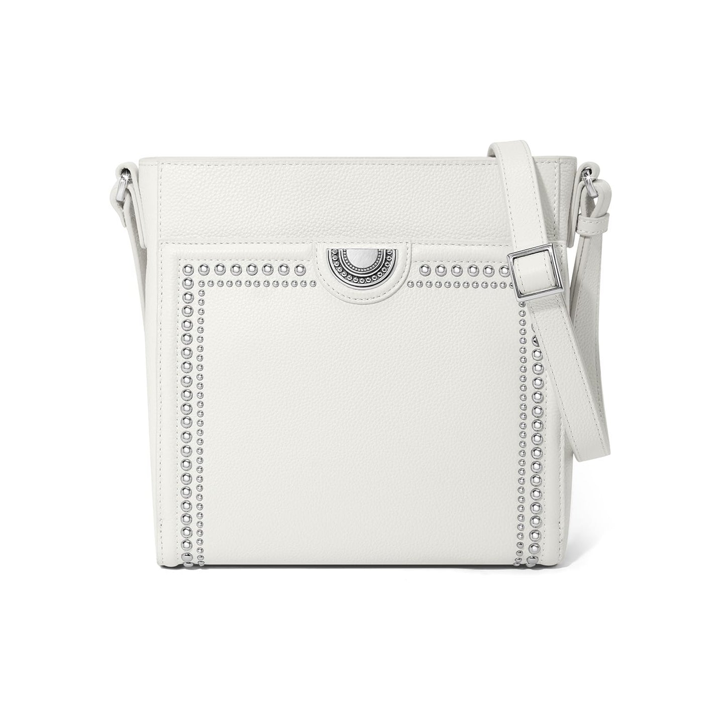 Brighton crossbody handbag in white pebbled leather with silver-tone studded trim and adjustable strap on a white background