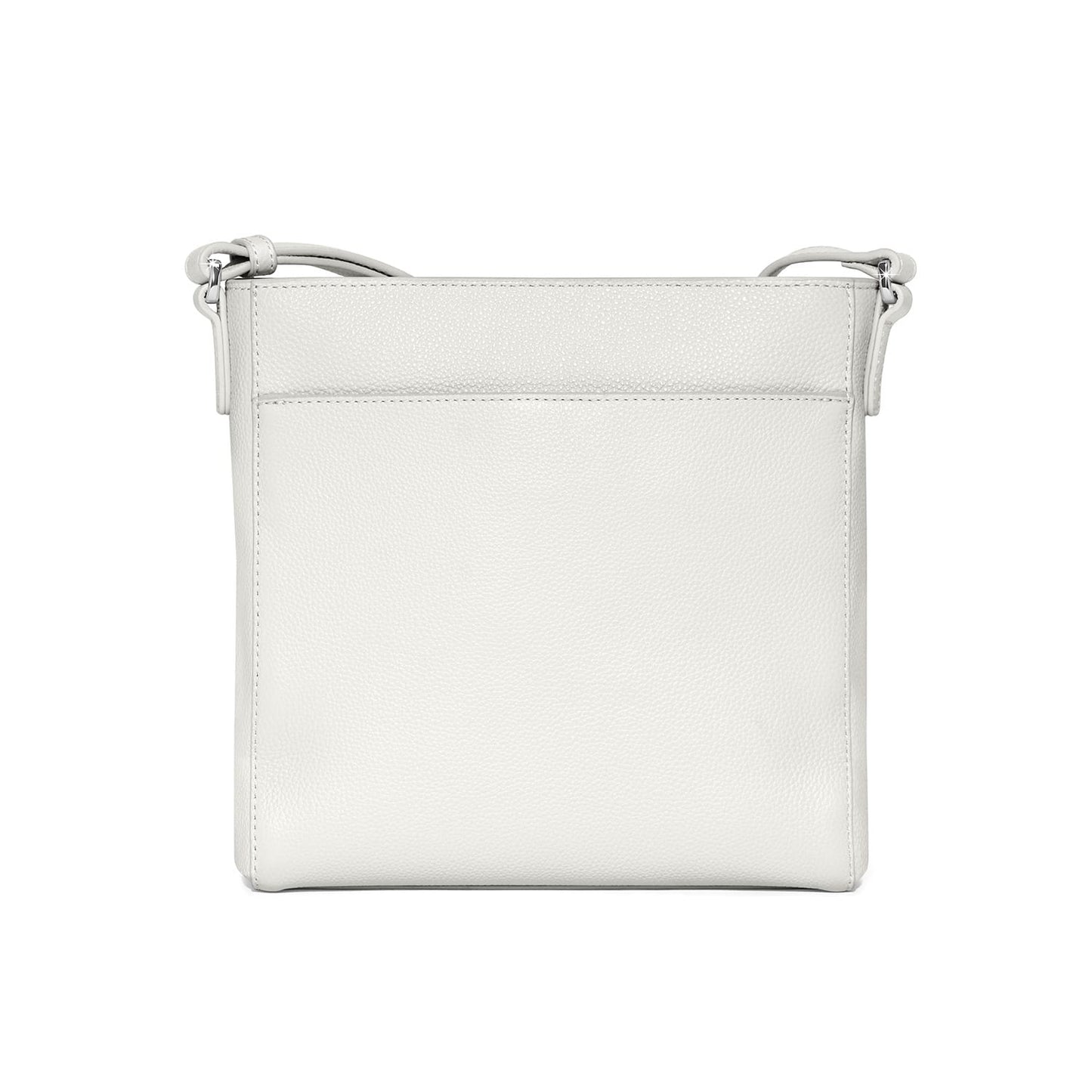 Brighton crossbody handbag shown from the back in white pebbled leather with adjustable strap on a white background