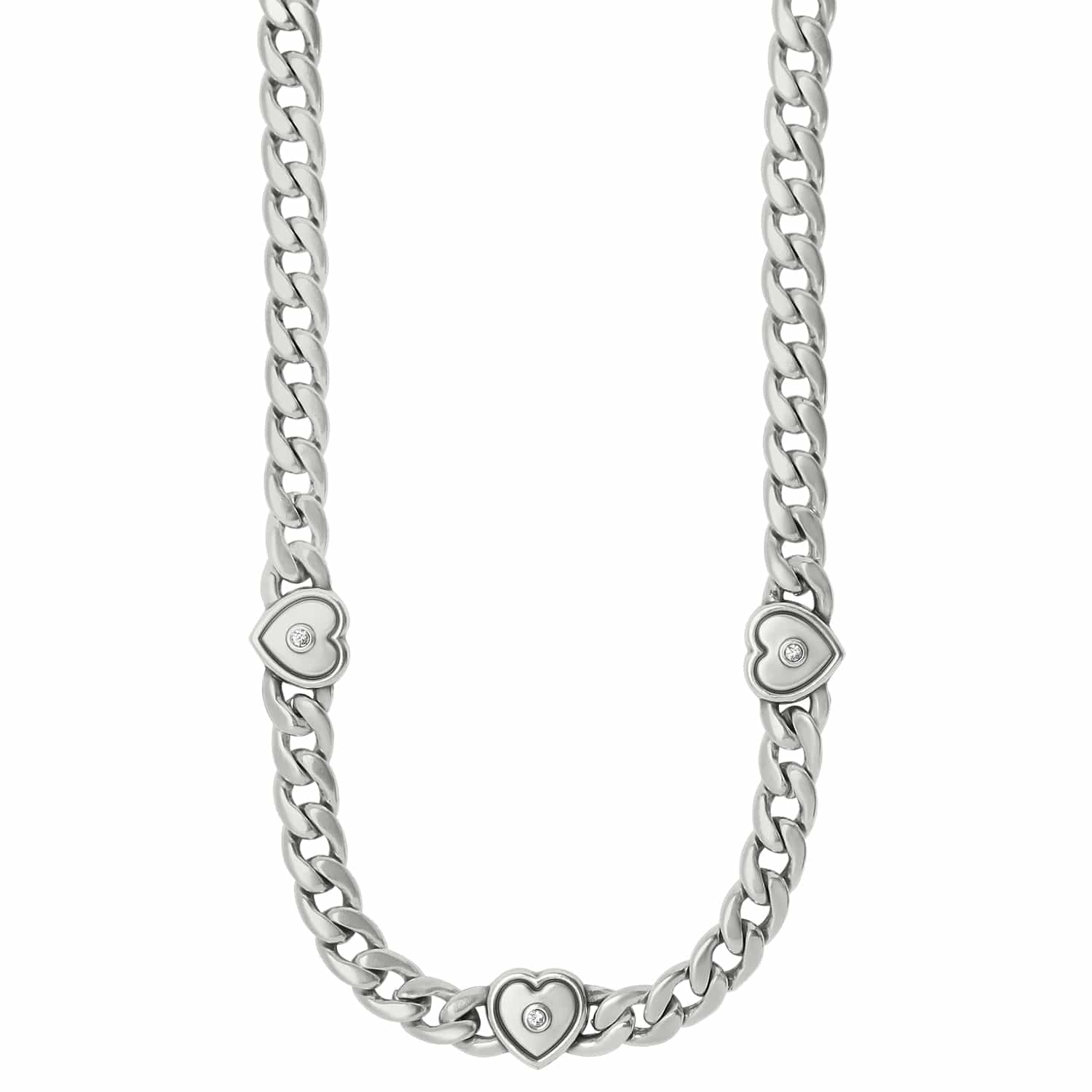 Brighton silver-plated curb chain necklace with three heart stations and crystal accents on a white background