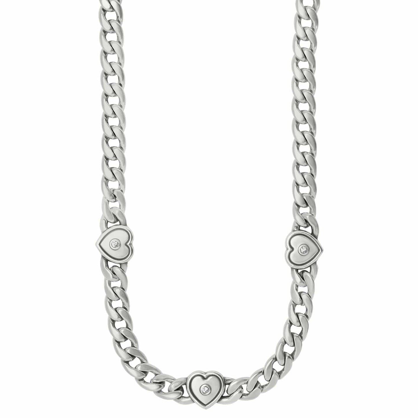 Brighton silver-plated curb chain necklace with three heart stations and crystal accents on a white background