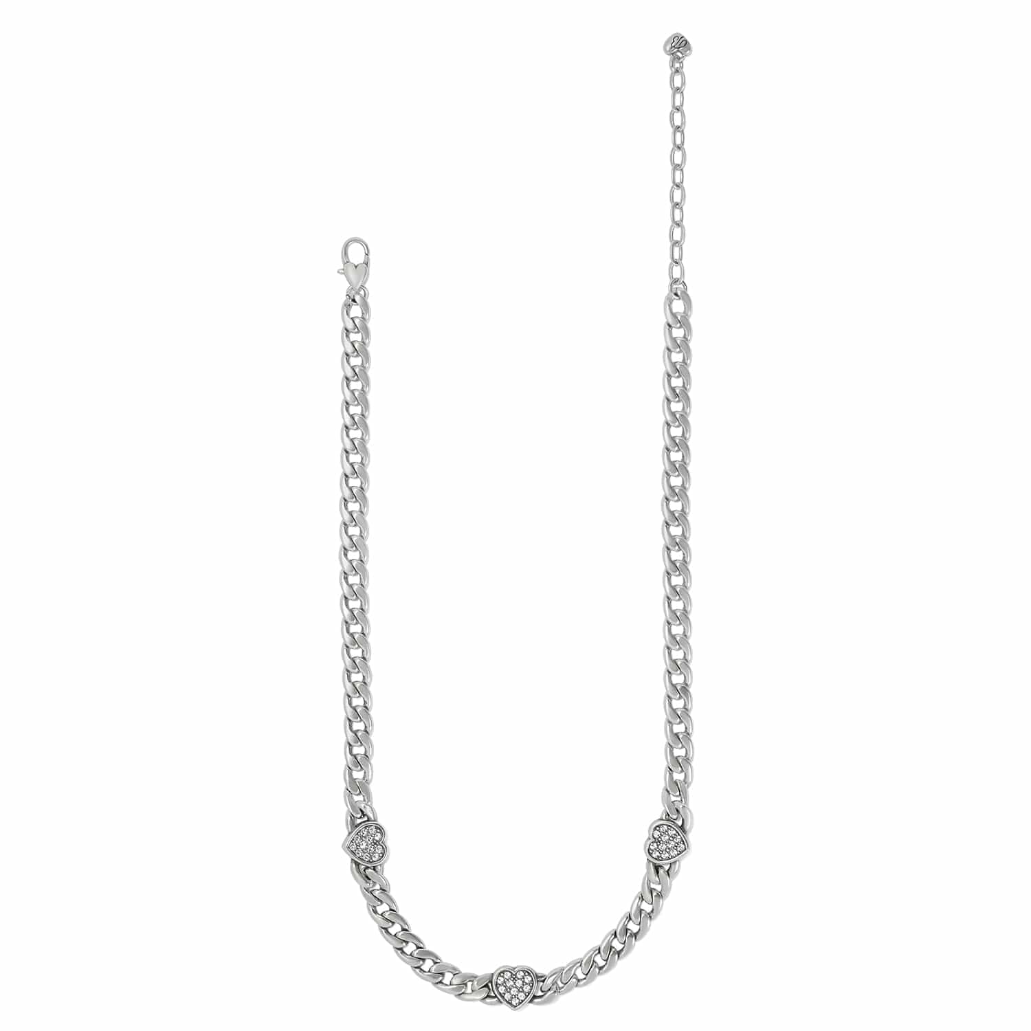 Brighton silver-plated curb chain necklace with three crystal heart stations and lobster clasp on a white background