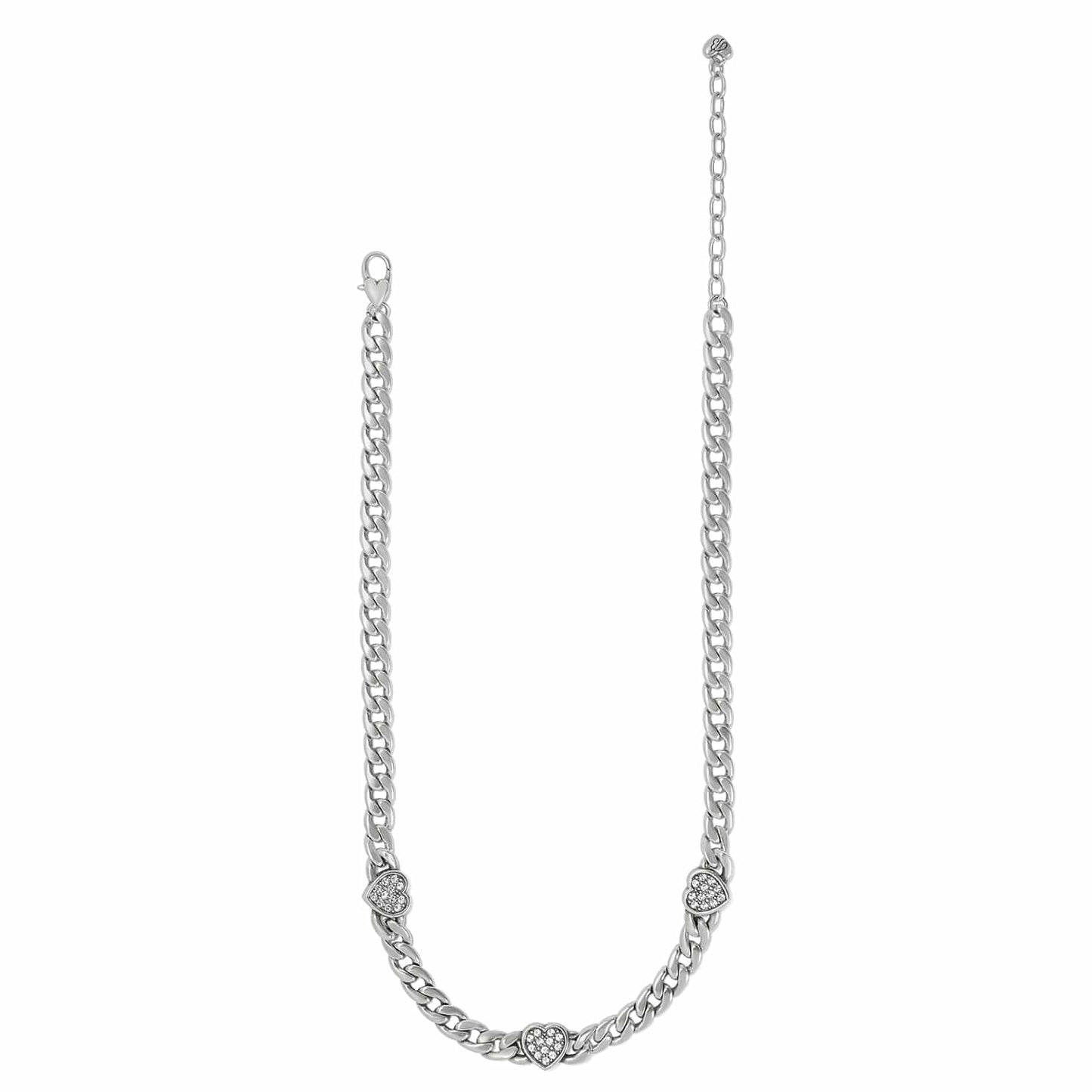Brighton silver-plated curb chain necklace with three crystal heart stations and lobster clasp on a white background