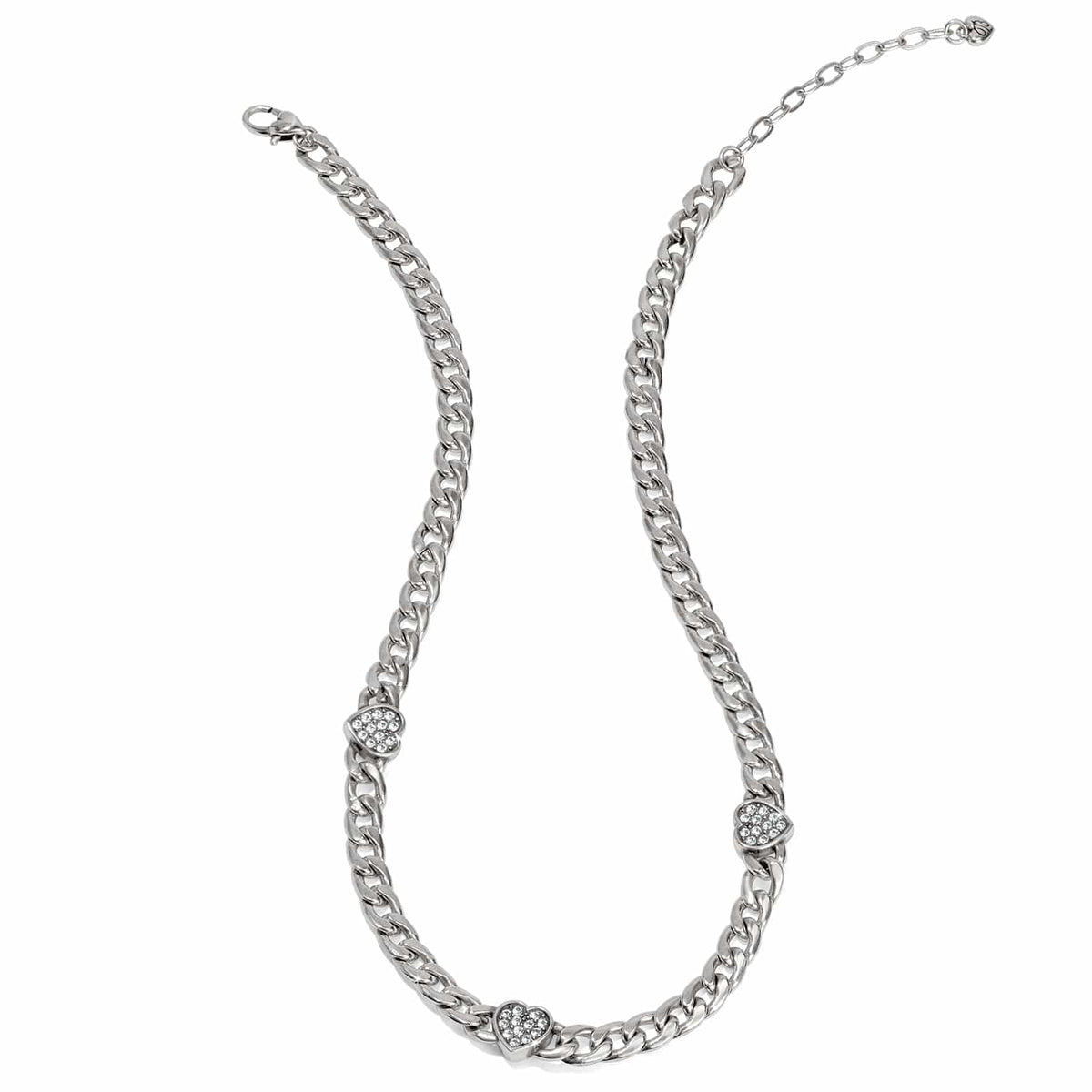 Brighton silver-plated curb chain necklace with three crystal heart stations and adjustable clasp on a white background