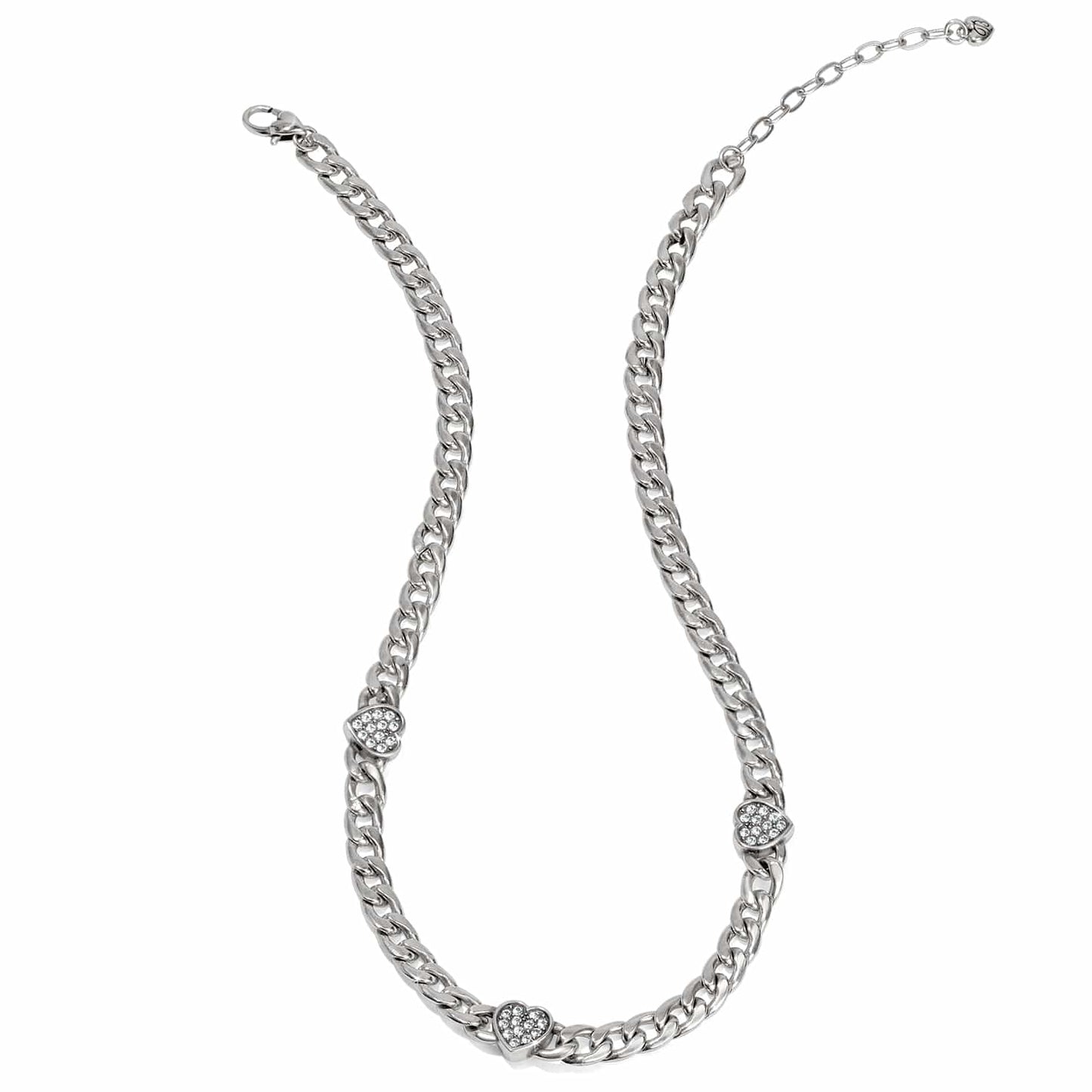 Brighton silver-plated curb chain necklace with three crystal heart stations and adjustable clasp on a white background