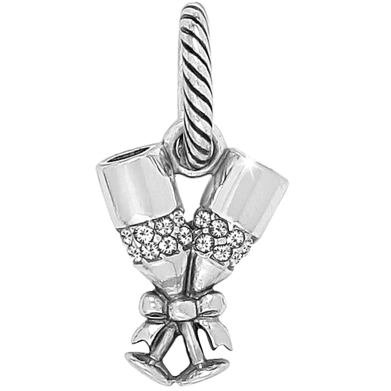 Brighton bouquet charm with silver-tone flowers, crystal accents, ribbon bow detail, and rope-textured clip on a white background