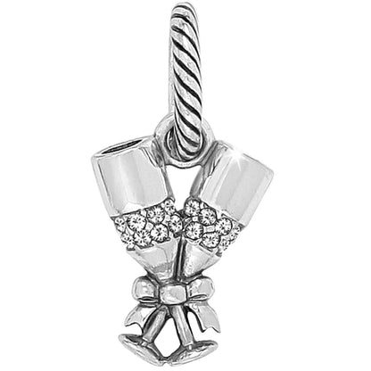 Brighton bouquet charm with silver-tone flowers, crystal accents, ribbon bow detail, and rope-textured clip on a white background