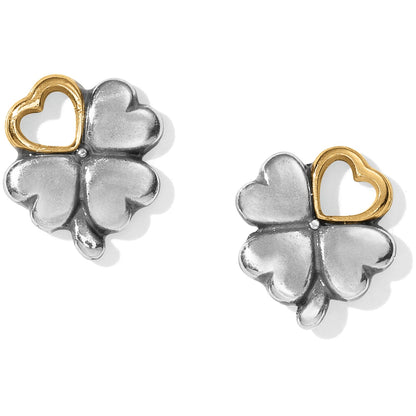 Brighton stud earrings with silver-tone four-leaf clover design and gold-tone heart accent on a white background