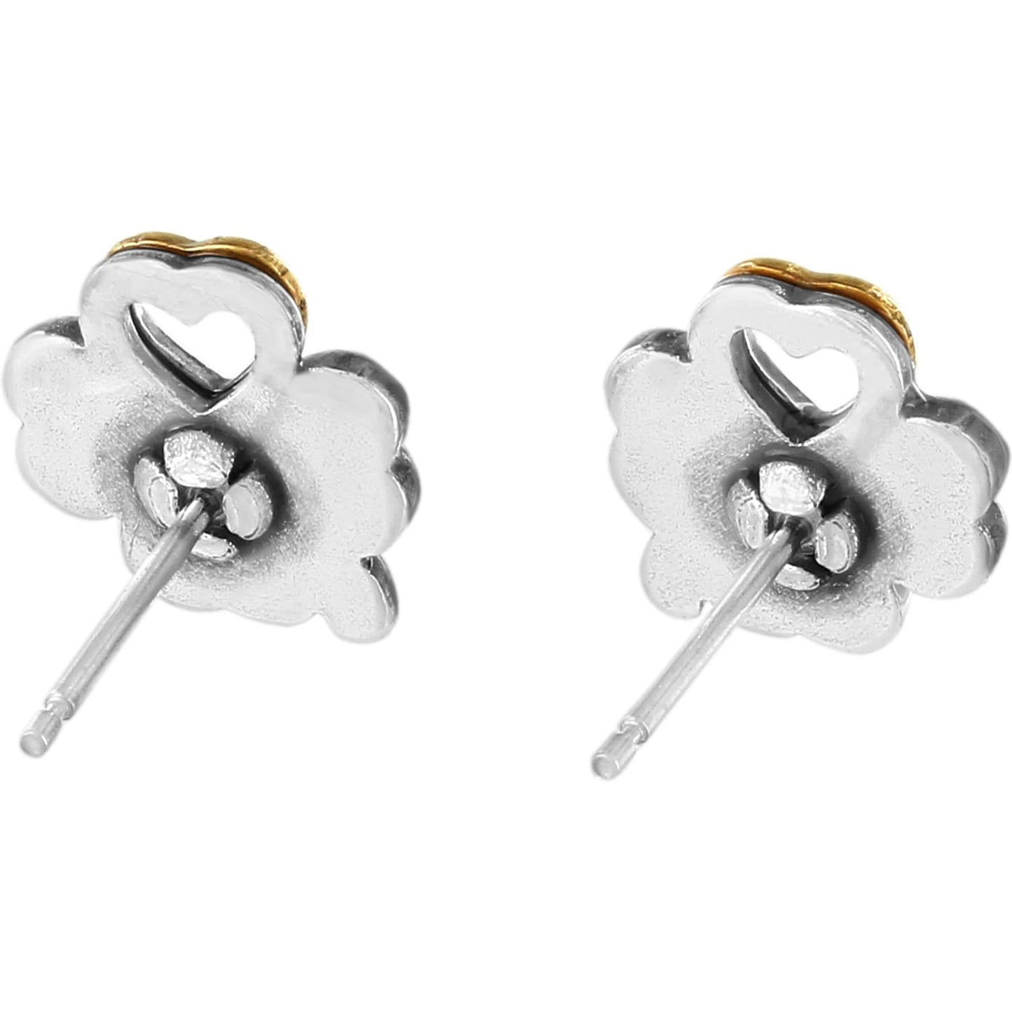 Brighton stud earrings shown from the back with silver-tone floral design and gold-tone heart accent on a white background