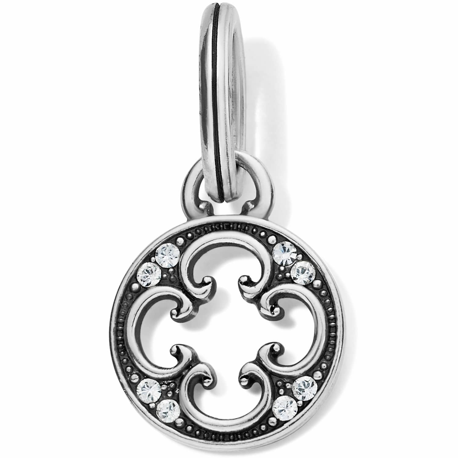Brighton silver-plated charm with openwork scroll design, crystal accents, and split ring on a white background