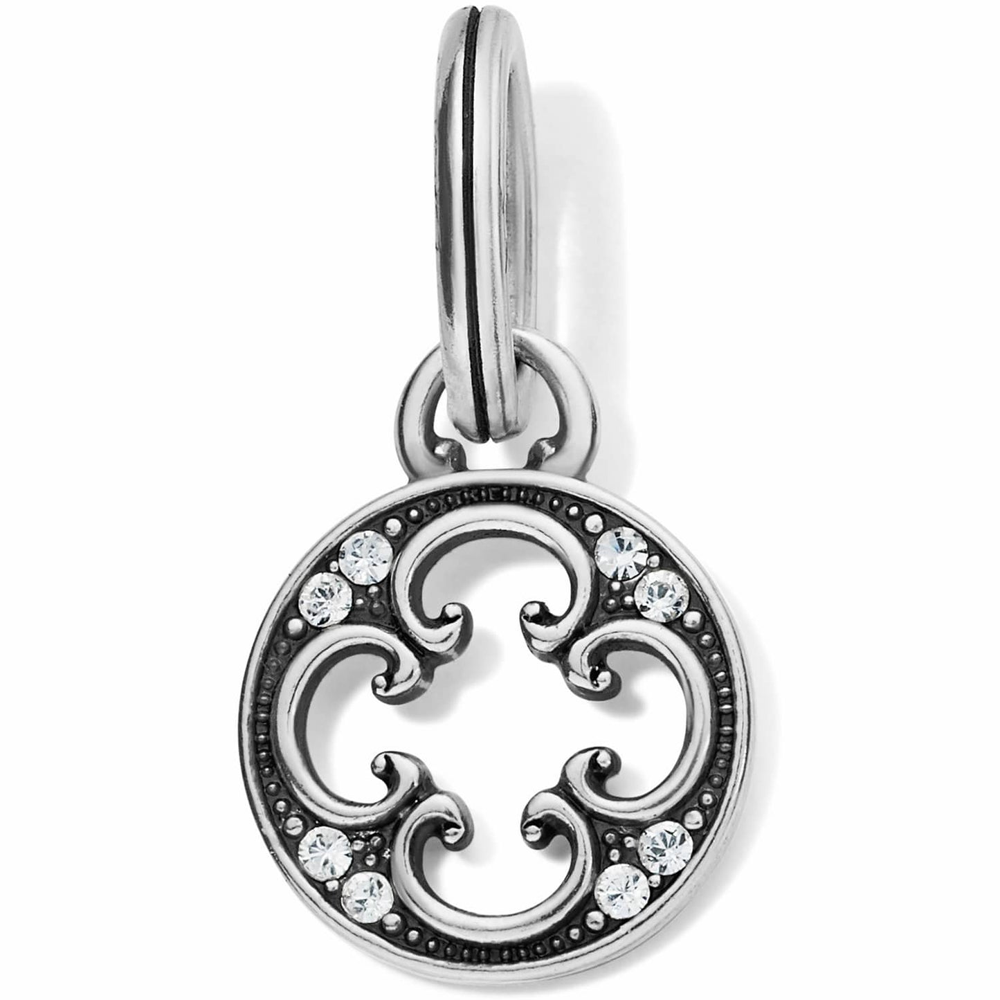 Brighton silver-plated charm with openwork scroll design, crystal accents, and split ring on a white background