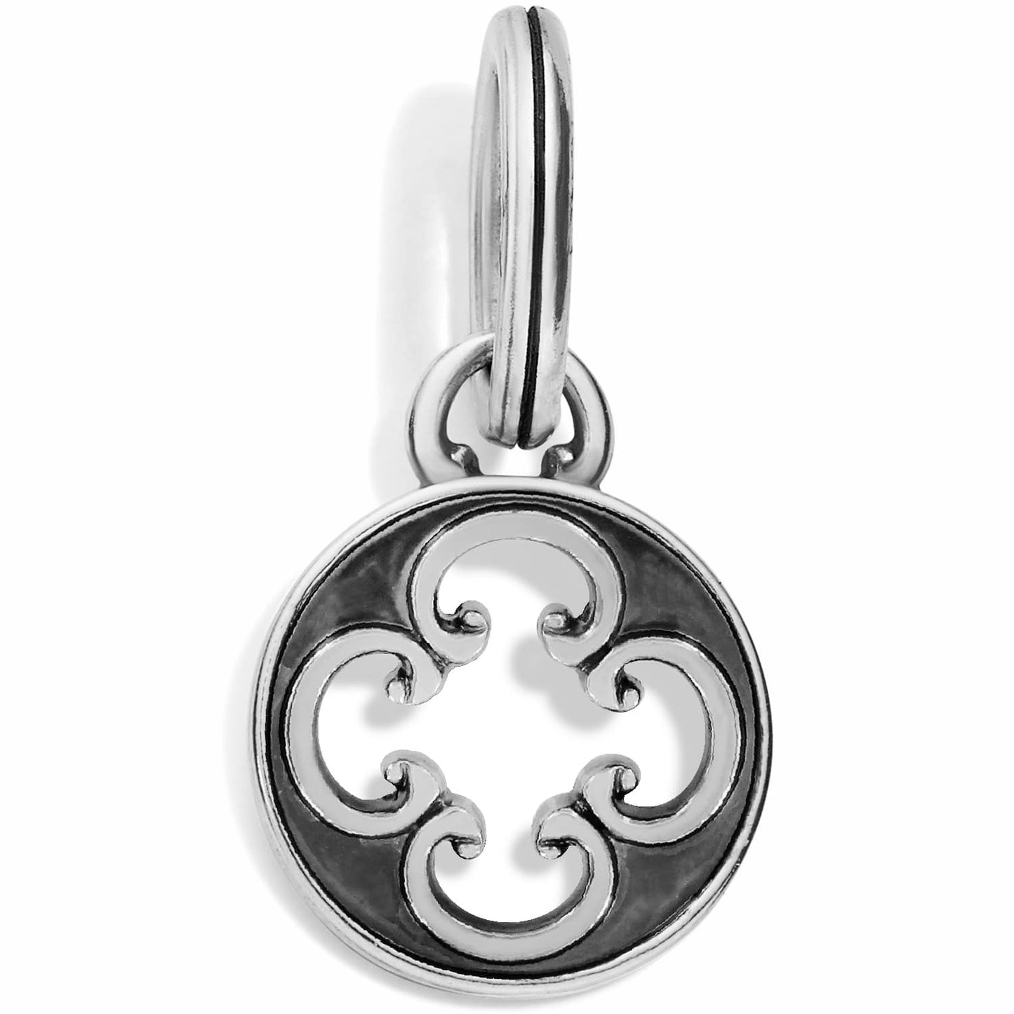 Brighton charm with silver-plated openwork scroll medallion design and split ring attachment on a white background