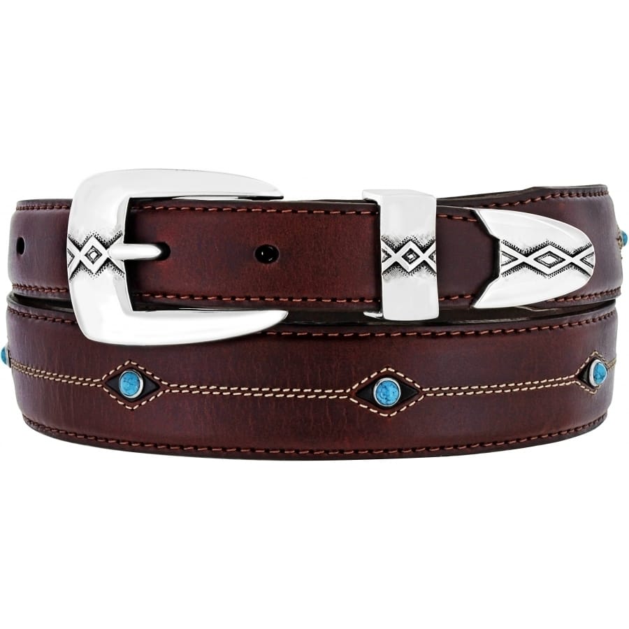 Brighton brown leather belt with silver-tone buckle, decorative tips, and turquoise diamond accents on a white background